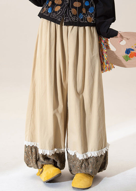 Khaki Print Patchwork Elastic Waist Cotton Pants Fall
