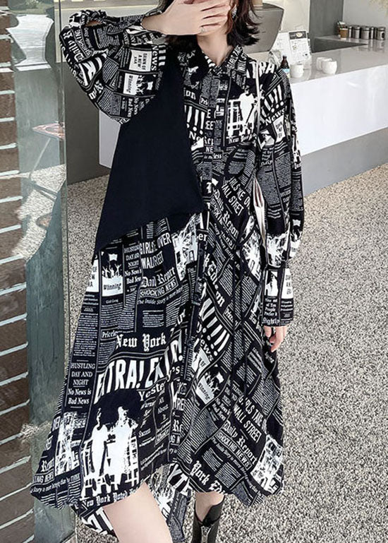 Black Low High Design Print Patchwork Satin Shirt Dress Spring