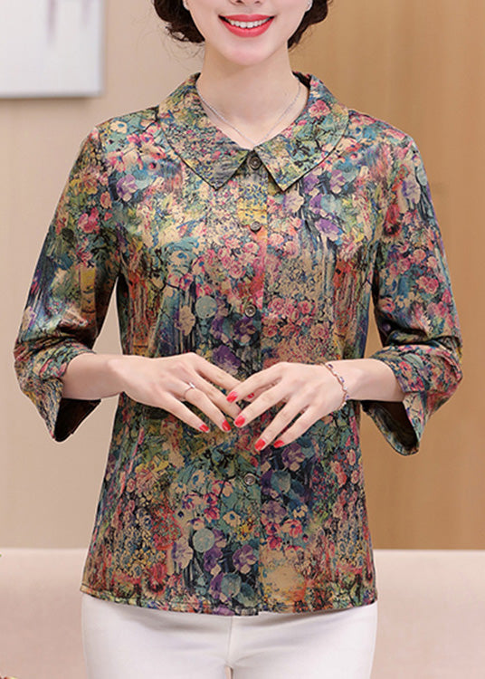 Green Peter Pan Collar Print Silk Shirts Spring