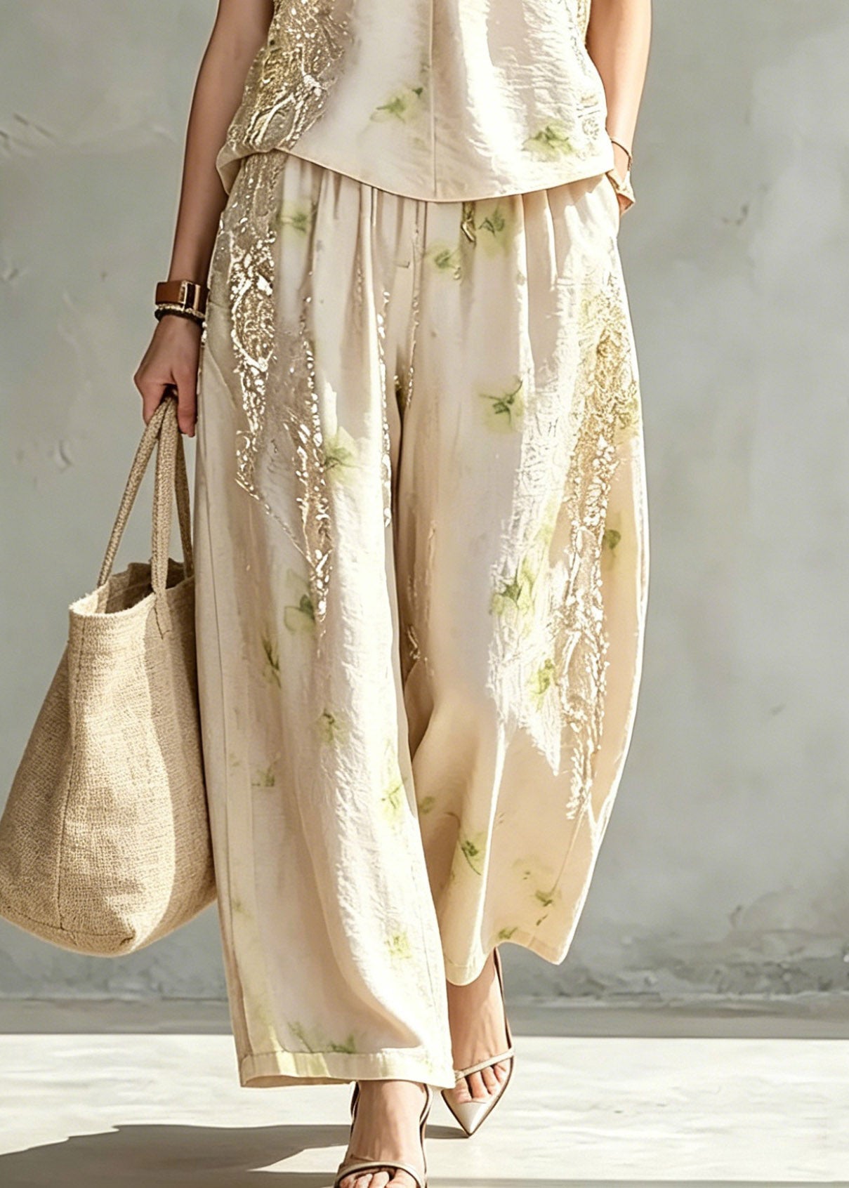 Jacquard Beige Patchwork Silk Tops and Wide Leg Pants Two Piece Set Summer