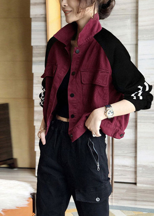 Art Mulberry Patchwork Black Pockets Button Fall Denim Coat Long Sleeve