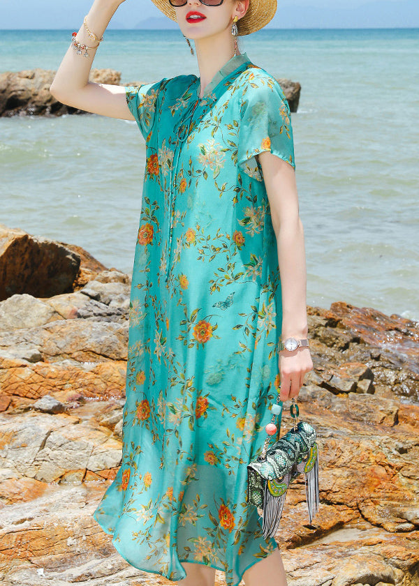 Green Stand Collar Lace Up Print Silk a Line Dress Short Sleeve