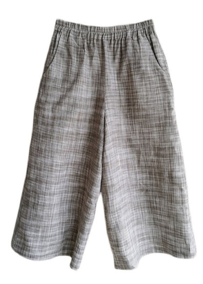 French Grey Elastic Waist Linen Wide Leg Pants Spring
