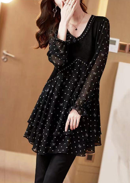 Stylish Black V Neck Dot Print Patchwork Chiffon Shirt Flare Sleeve