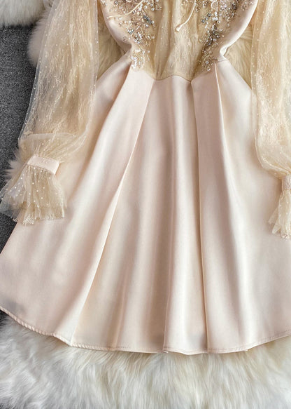 Apricot Stand Collar Tulle Patchwork Nail Bead a Line Maxi Dresses Long Sleeve
