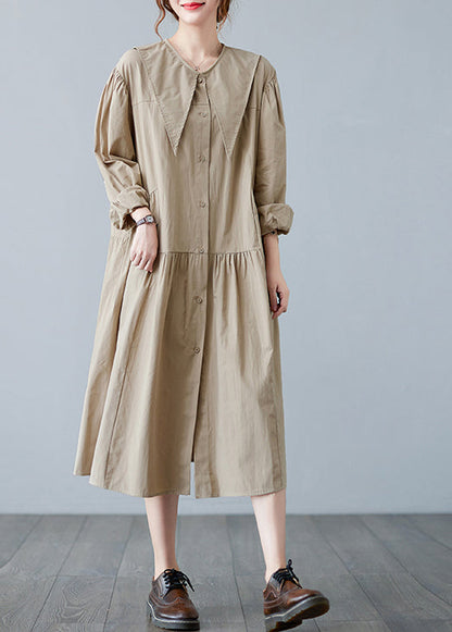 Apricot Sailor Collar Button Wrinkled Long Dress Long Sleeve