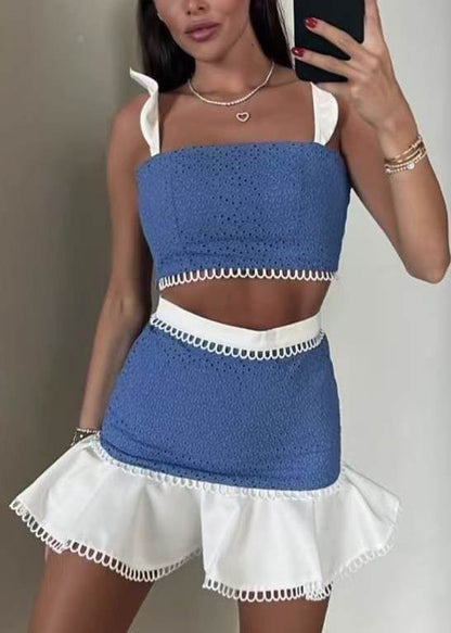 Blue Patchwork Cotton Two Piece Set Outfits Butterfly Sleeve