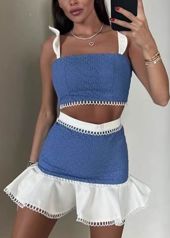 Blue Patchwork Cotton Two Piece Set Outfits Butterfly Sleeve
