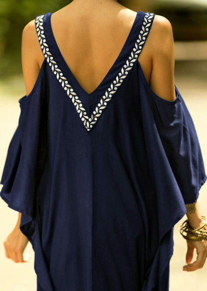French Blue V Neck Cold Shoulder Kimono Robe Dresses Summer