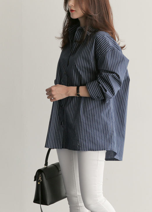 Blue Peter Pan Collar Striped Cotton Shirts Top Spring