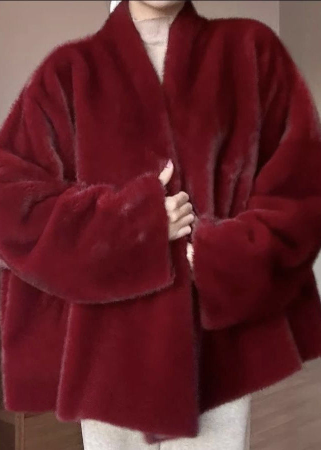 Red Warm Leather and Fur Coats V Neck Winter