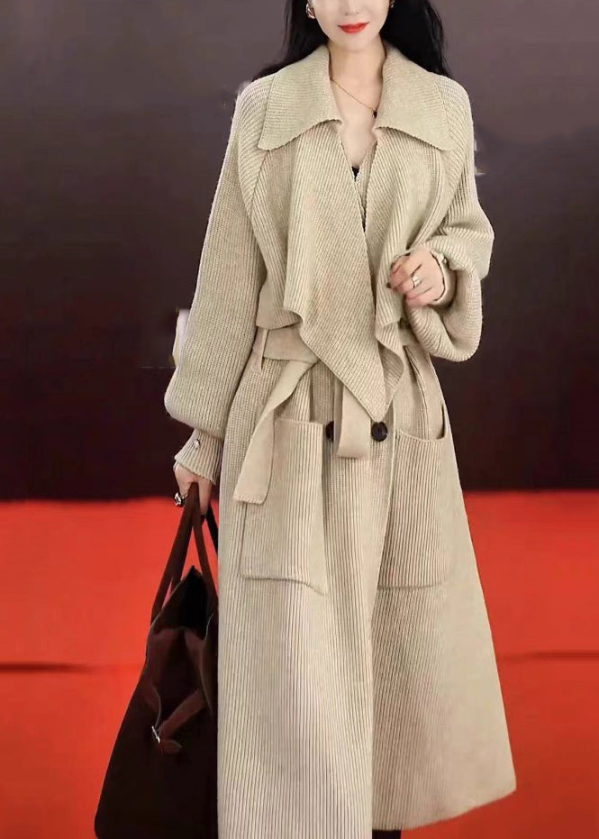 Grey Peter Pan Collar Pockets Tie Waist Knit Long Coats Winter