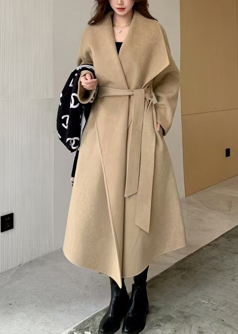 Light Camel Peter Pan Collar Tie Waist Woolen Coat Winter