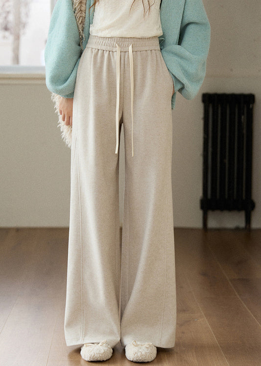 Oatmeal Pockets Elastic Waist Woolen Wide Leg Pants Fall