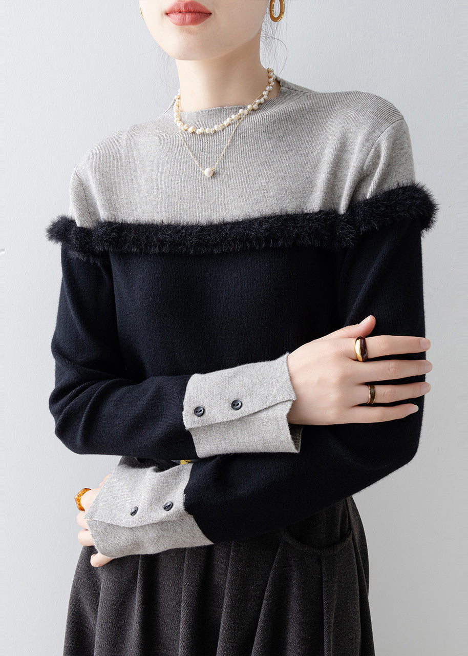 Fitted Black Stand Collar Patchwork Faux Fur Sweater Winter
