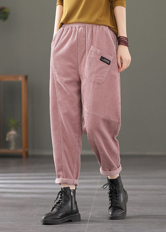 Pink Elastic Waist Pockets Patchwork Corduroy Harem Pants Spring