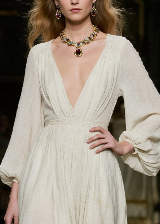 White Deep-v Neck Cotton Dress Lantern Sleeve
