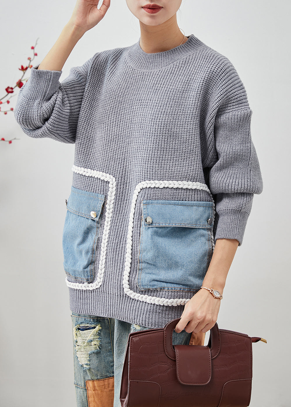 Grey Oversized Patchwork Pockets Knit Sweater Tops Winter