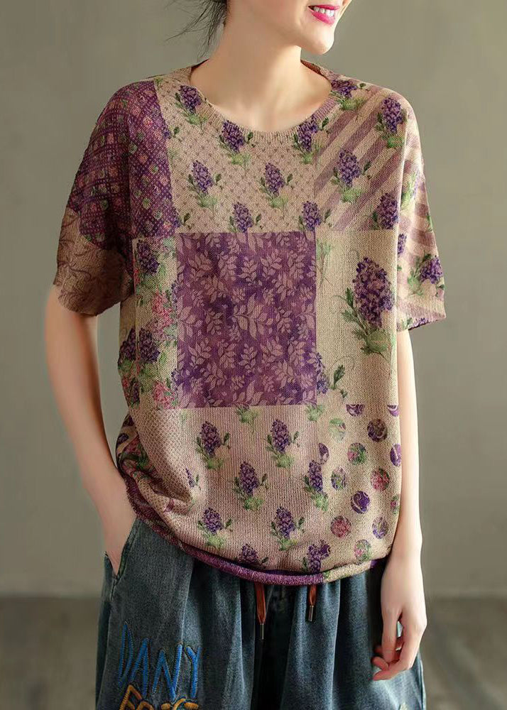 Purple O Neck Print Patchwork Thin Cotton Knit Tops Summer