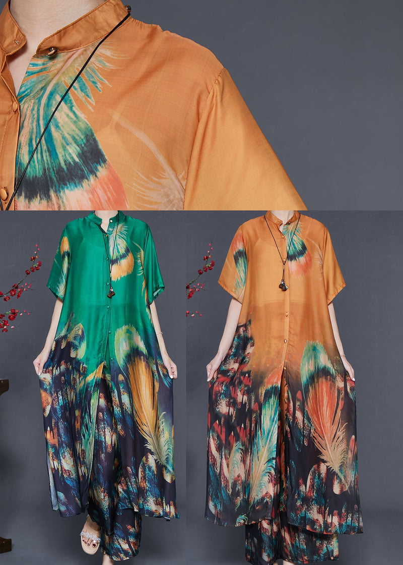 Style Orange Oversized Print Silk Two-piece Set Summer