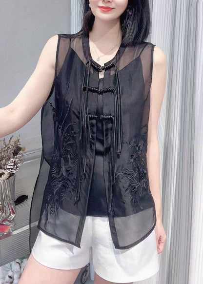 Vogue Black O-neck Embroideried Button Silk Waistcoat Summer