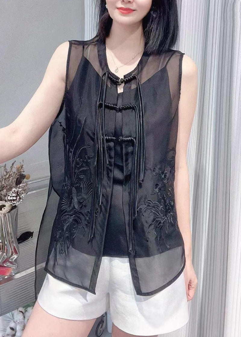 Vogue Black O-neck Embroideried Button Silk Waistcoat Summer