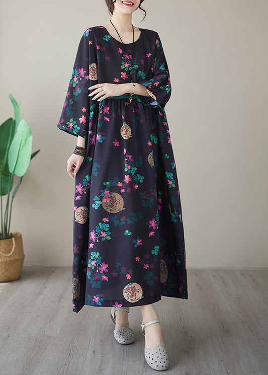 Navy Print Maxi Dresses Long Sleeve