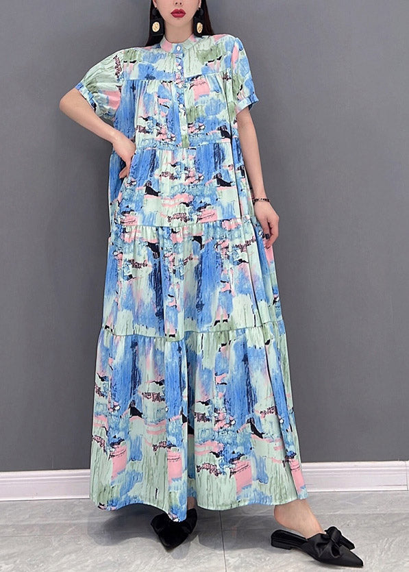 Stand Collar Button Wrinkled Print Chiffon Vacation Dress Short Sleeve