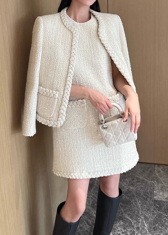 New White O-neck Pockets Cotton Two Pieces Set Fall