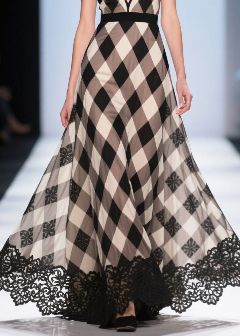 Colorblock Plaid Patchwork Lace Chiffon Evening Dress Summer
