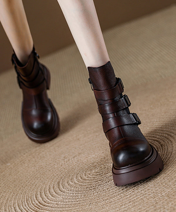 Chocolate Buckle Strap Splicing Platform Boots