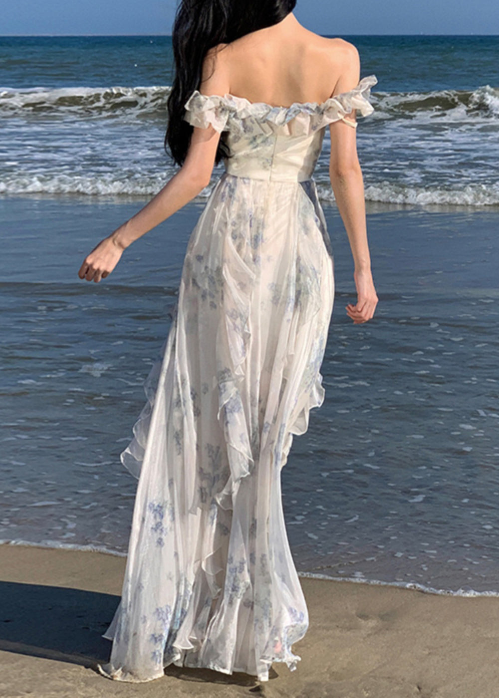 Ruffled Print Patchwork Chiffon Long Dresses Summer