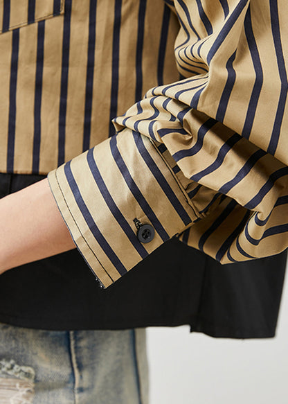 Diy Khaki Striped Patchwork Cotton Blouses Spring