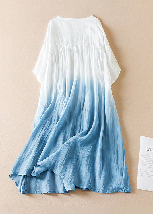 Original Blue Gradient O Neck Wrinkled Cotton Long Dress Half Sleeve