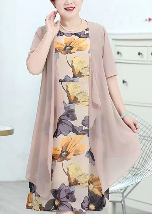 Pink O-neck Print Patchwork Chiffon Two Piece Suit Summer