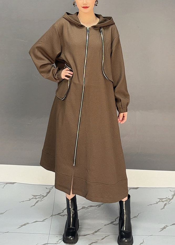 Coffee Patchwork Zippered Hooded Maxi Trench Coat Spring