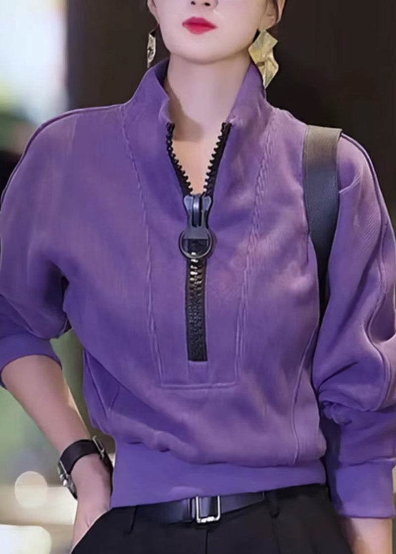 Purple Zip Up Patchwork Cotton Tops Fall