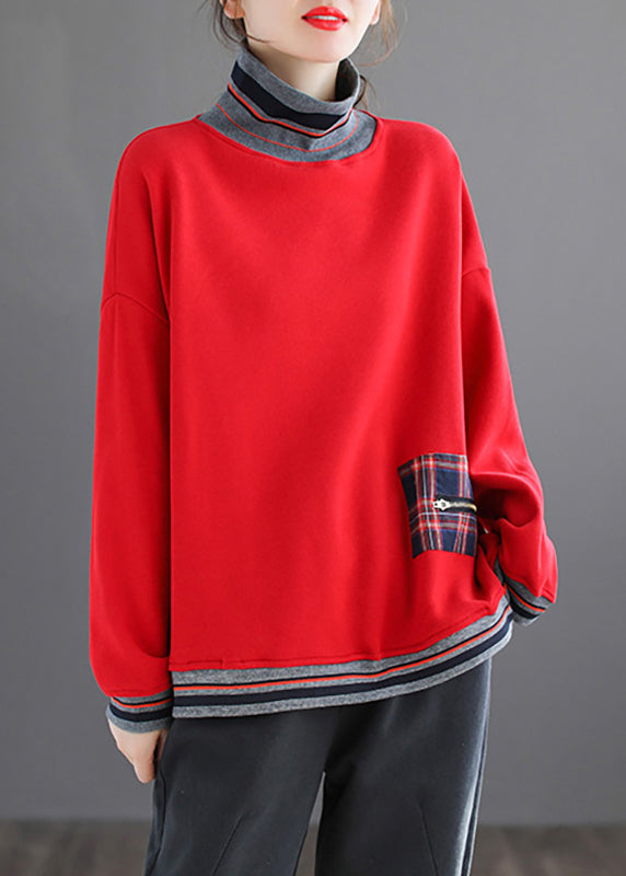Red Striped Patchwork Warm Fleece Tops Fall