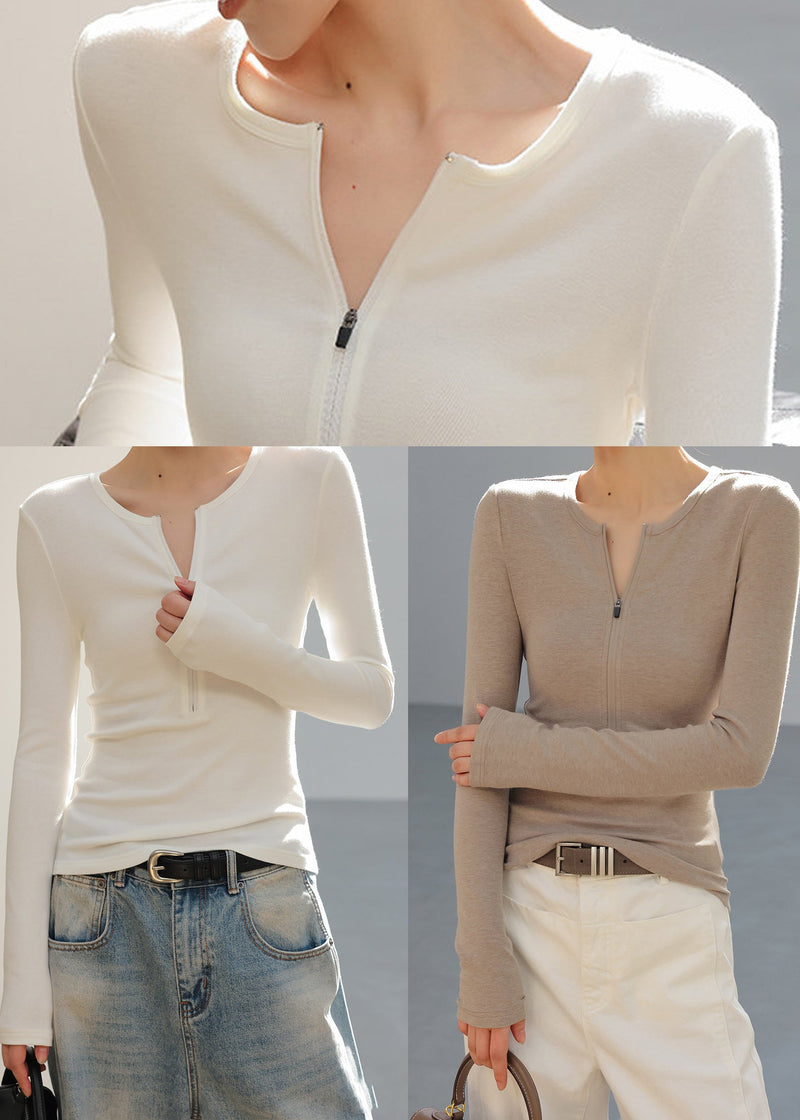 White O-neck Zip Up Cotton Top Spring