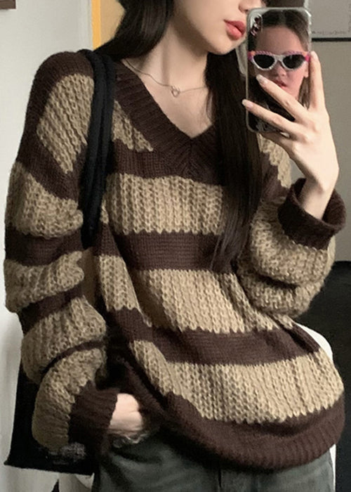 Striped V Neck Hollow Out Knit Sweaters Long Sleeve
