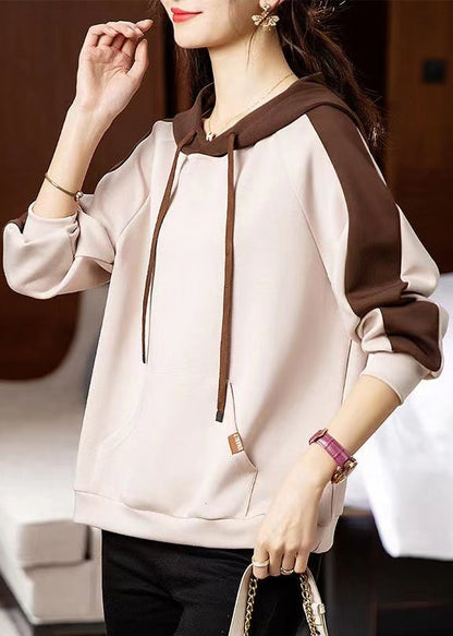 Apricot Hooded Pockets Patchwork Cotton Sweatshirt Fall