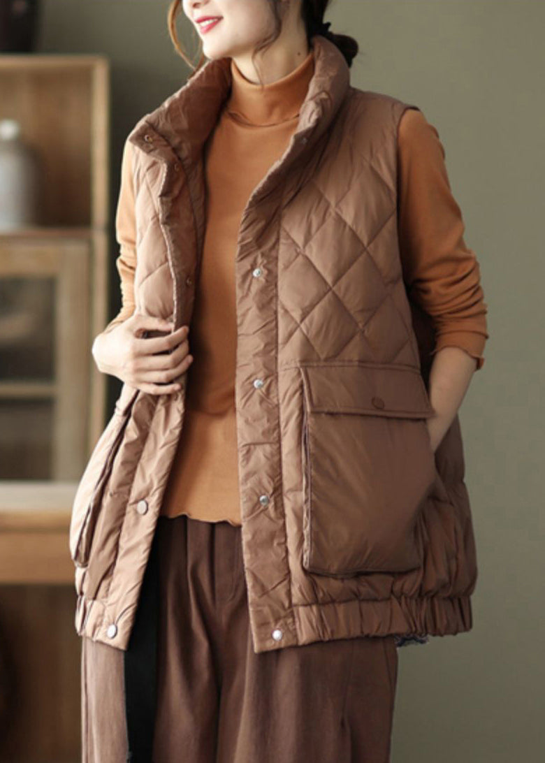 Coffee Stand Collar Pockets Patchwork Duck Down Waistcoat Sleeveless