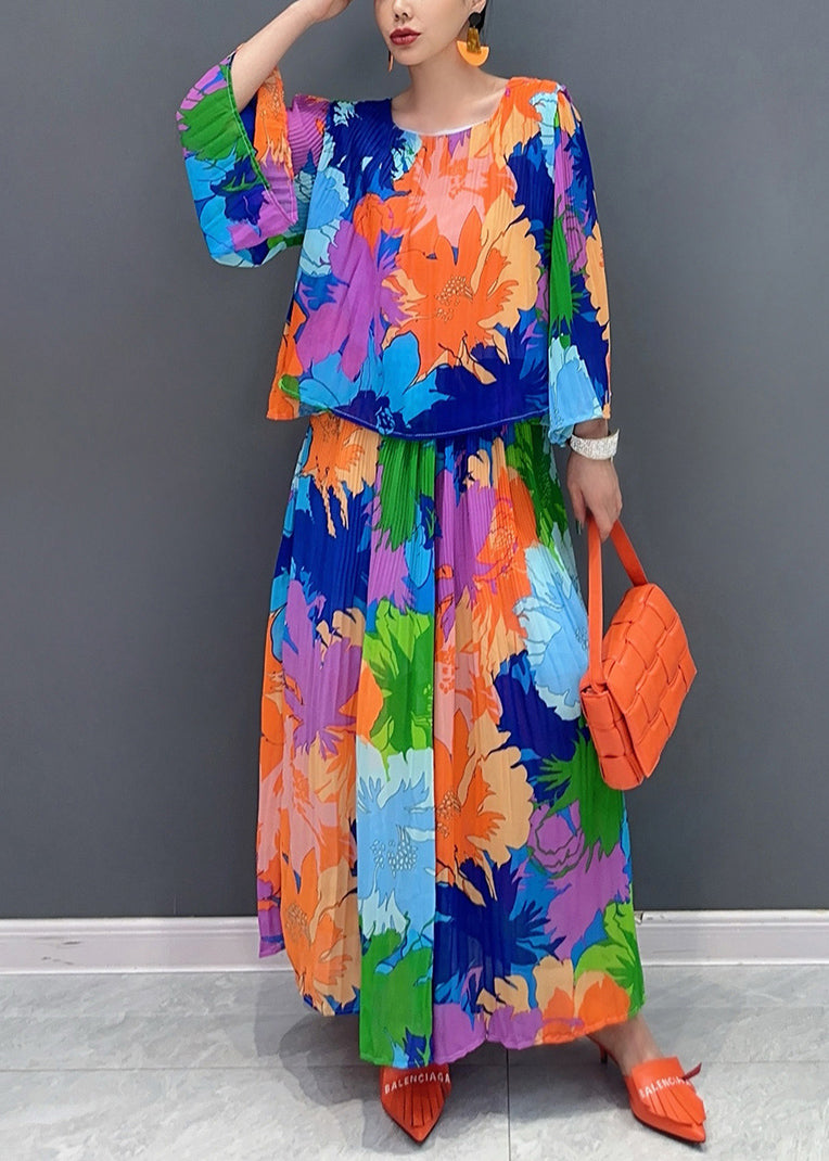 O-neck Wrinkled T Shirts and Maxi Skirts Two Pieces Set Bracelet Sleeve