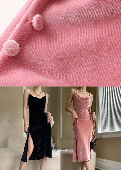 Pink Button Side Open Silk Velour Spaghetti Strap Dress Sleeveless