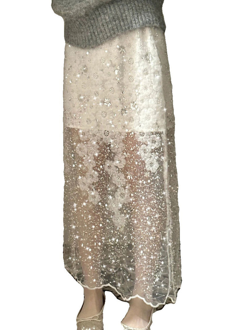 Handmade White Sequins Nail Bead Tulle Skirt Summer