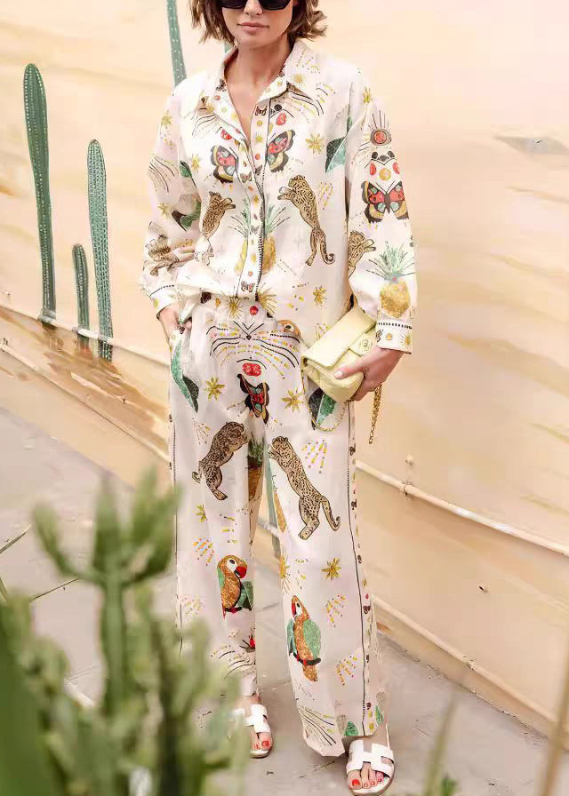 Apricot Peter Pan Collar Tiger Print Shirts and Wide Leg Pants Two Piece Set Fall
