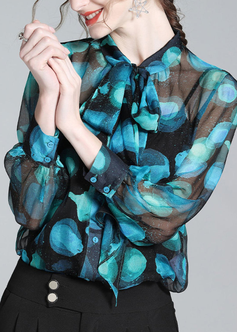 Blue Stand Collar Print Bow Silk Shirt Long Sleeve