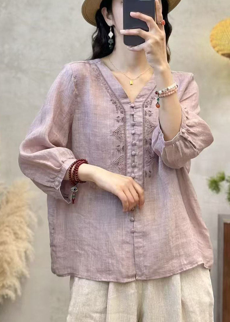 Grey V Neck Embroidered Linen Shirts Bracelet Sleeve