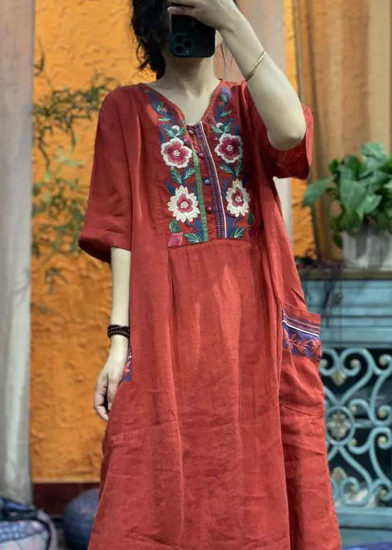 Rose Red Embroideried V Neck Linen Dress Half Sleeve