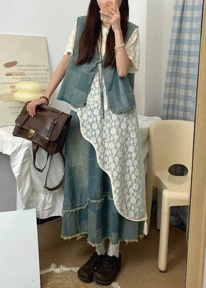 Blue Asymmetrical Lace Up Denim Three Piece Set Summer